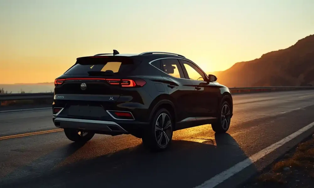 2026 MG IM6 electric SUV in black on a coastal road at golden hour rear three-quarter view