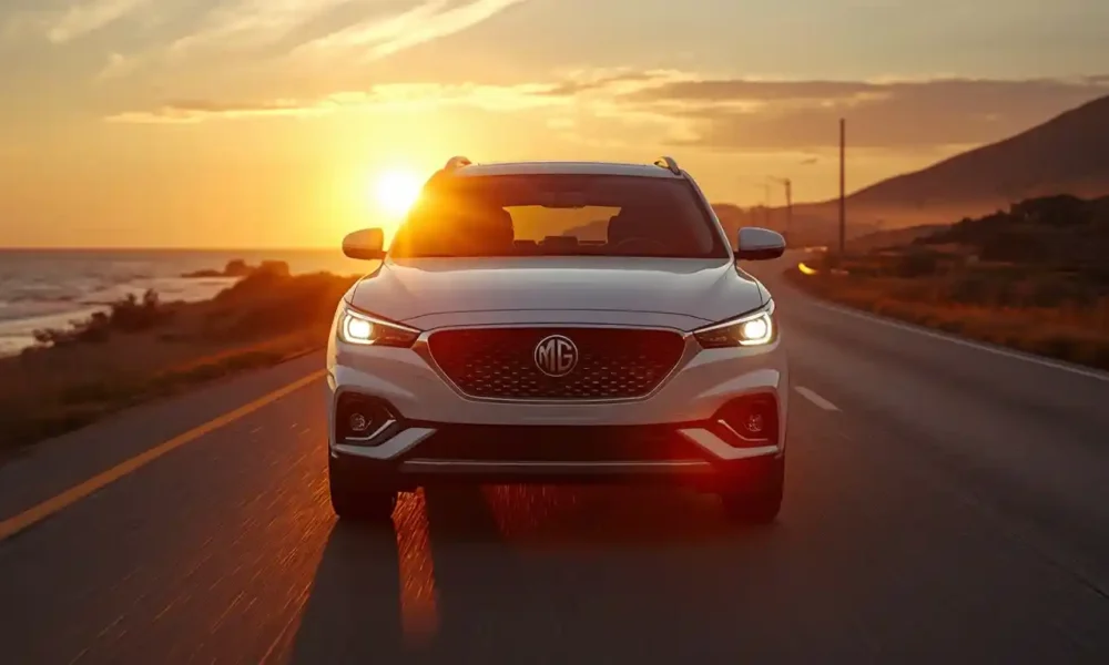 2026 MG S5 EV in white driving on a coastal highway at golden hour, front three-quarter cinematic view.