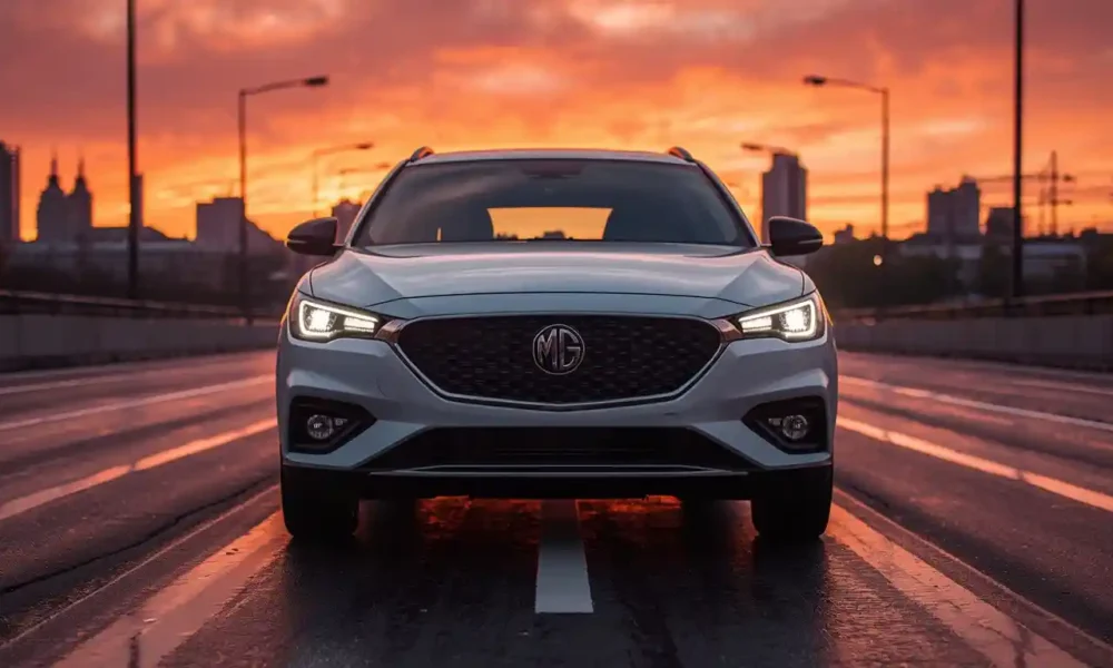 2026 MG ZS Hybrid+ in Pearl White on urban boulevard at golden hour with city skyline in background