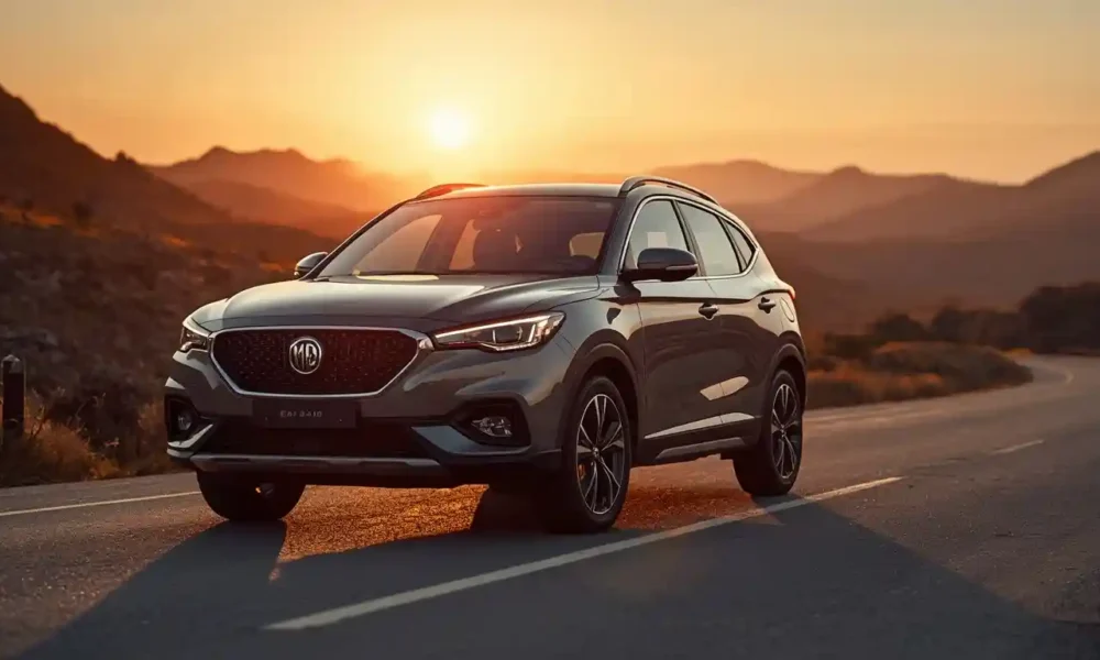 MG4 Electric Review in Meteor Grey on a mountain pass at golden hour in a cinematic wide shot.