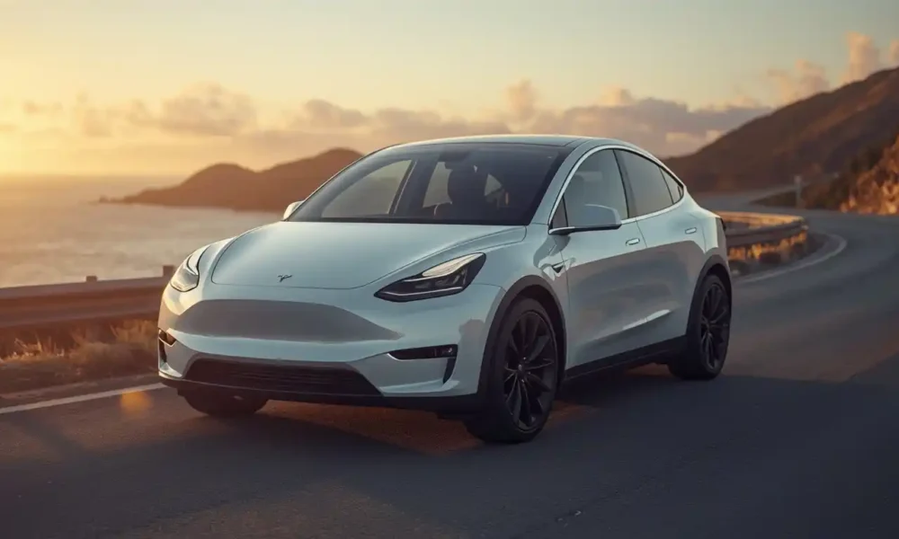 2026 Tesla Model Y in Pearl White on a coastal road at golden hour, featured in this Tesla Y reviews guide.