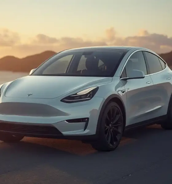 2026 Tesla Model Y in Pearl White on a coastal road at golden hour, featured in this Tesla Y reviews guide.