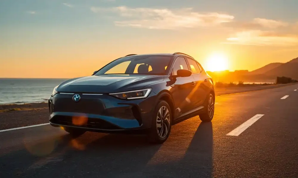 2026 BYD Dolphin electric hatchback showing its range potential on a coastal highway at sunset