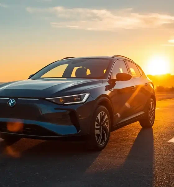 2026 BYD Dolphin electric hatchback showing its range potential on a coastal highway at sunset