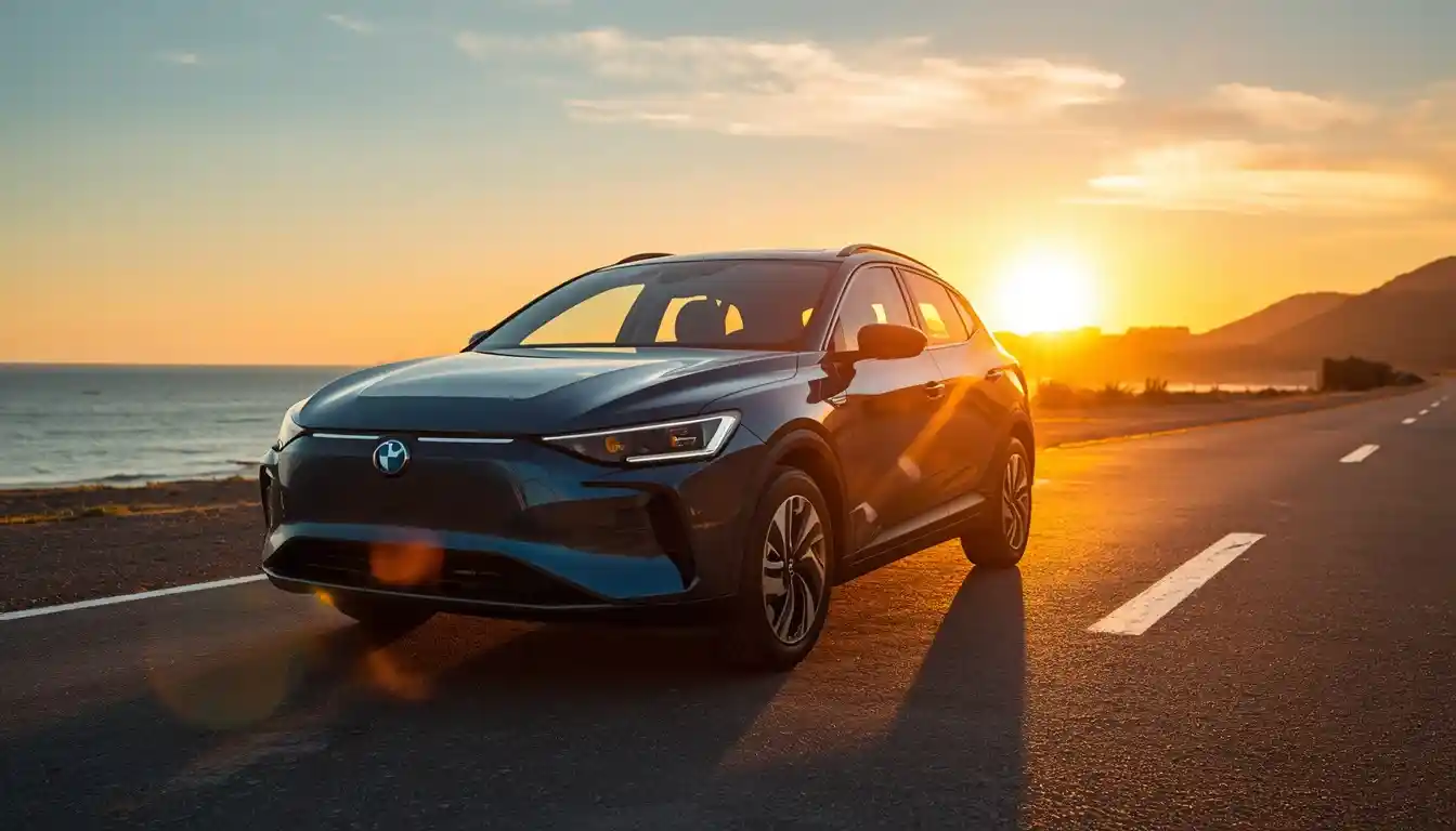 2026 BYD Dolphin electric hatchback showing its range potential on a coastal highway at sunset