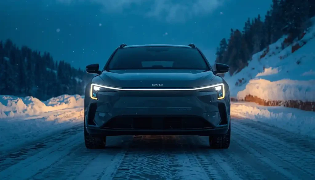 BYD Dolphin parked in snowy mountain conditions illustrating cold weather range impact