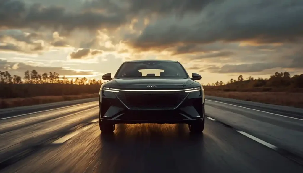 BYD Dolphin driving down an open highway that highlights its real-world range capability