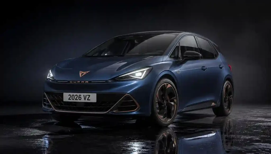cupra born 2026 VZ in Aurora Blue with glowing LED headlights in a dramatic studio setting
