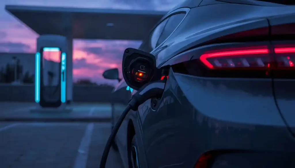 Cupra Tavascan electric SUV plugged into a DC fast charging station during a road trip stop