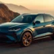 2026 Cupra Tavascan electric SUV coupe in blue on a coastal mountain road at golden hour