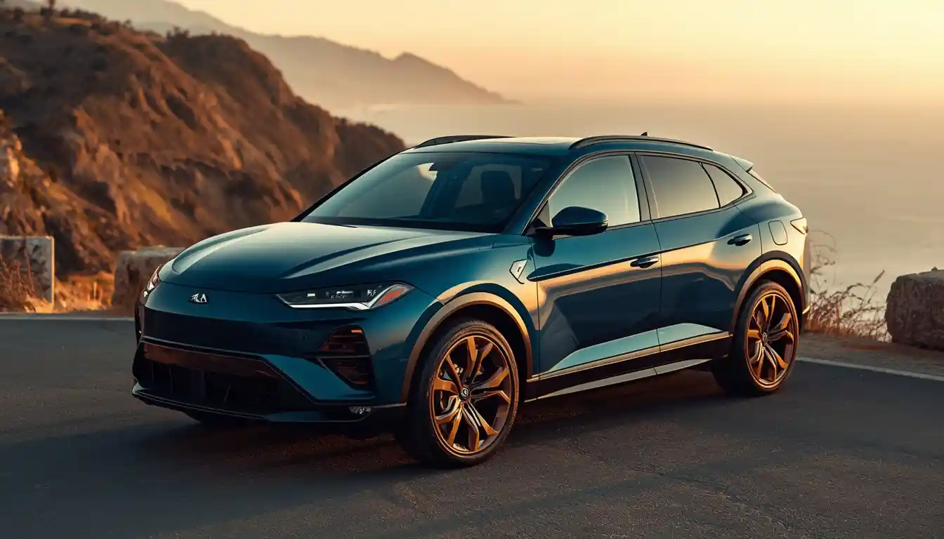 2026 Cupra Tavascan electric SUV coupe in blue on a coastal mountain road at golden hour