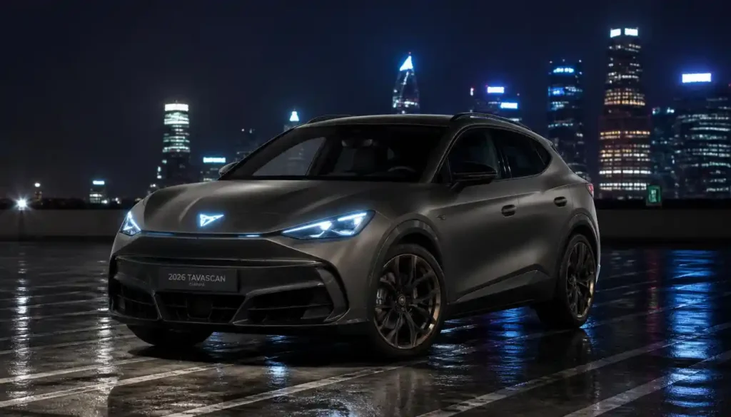 Cupra Tavascan electric SUV coupe glowing under night city lights on a rooftop parking deck