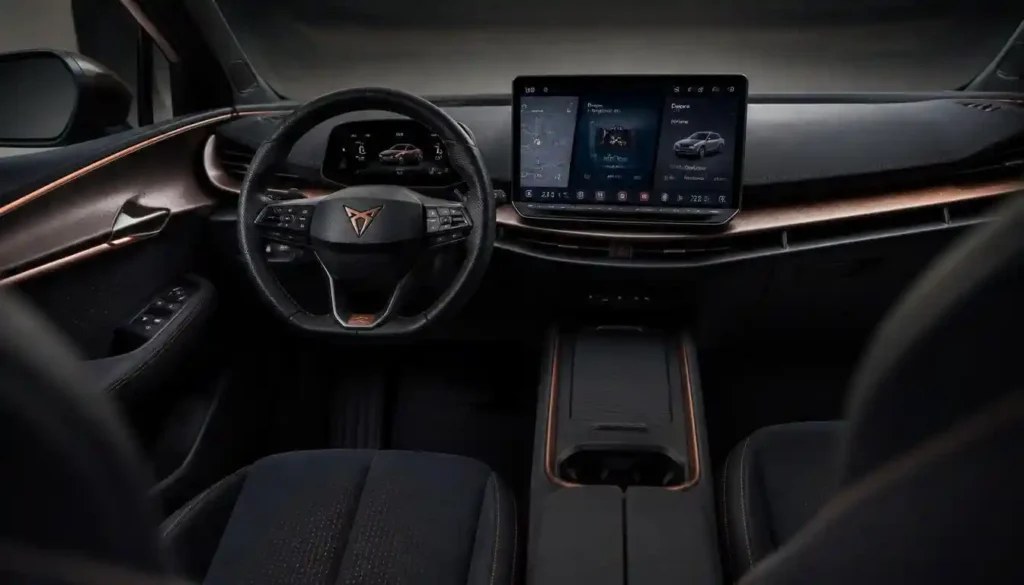 Cupra Tavascan interior cockpit with copper dashboard spine and digital touchscreen display