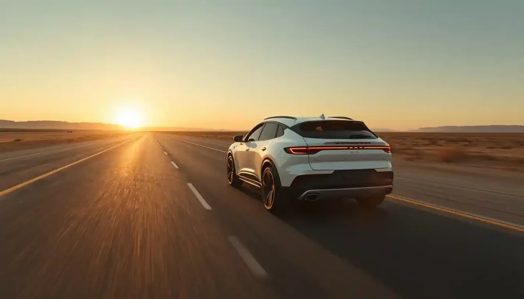 Cupra Tavascan electric SUV driving on a long desert highway showing its real world range