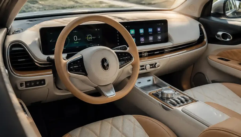 Interior view of the 2026 GWM Ora Funky Cat showing its dual screens and leatherette dashboard.