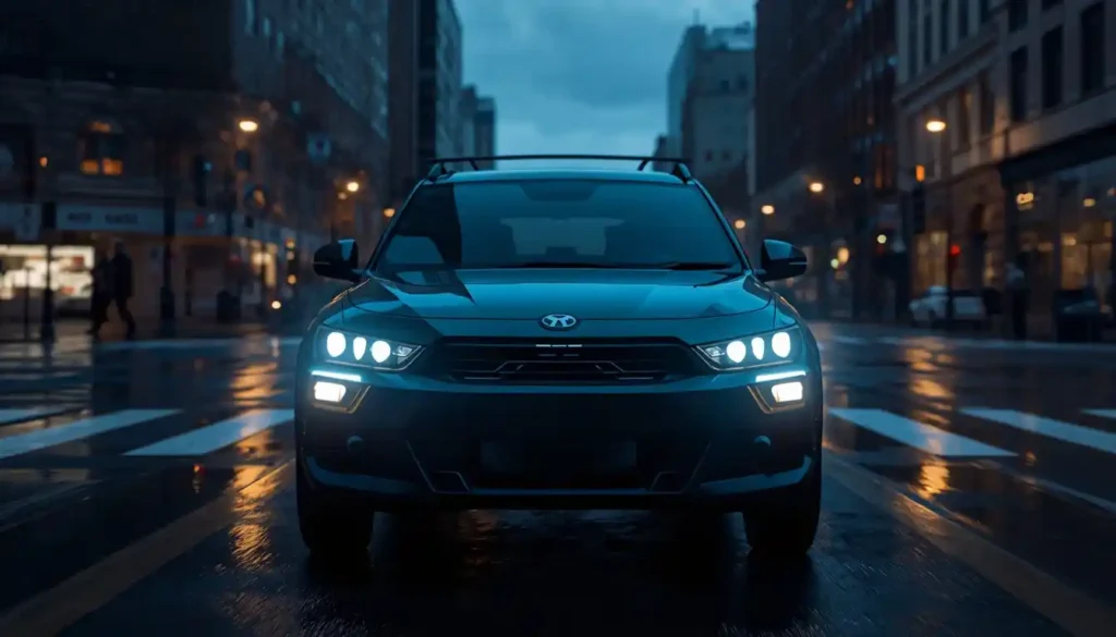 2026 GWM Ora Funky Cat in a city street at dusk showing its front safety sensors and headlights.