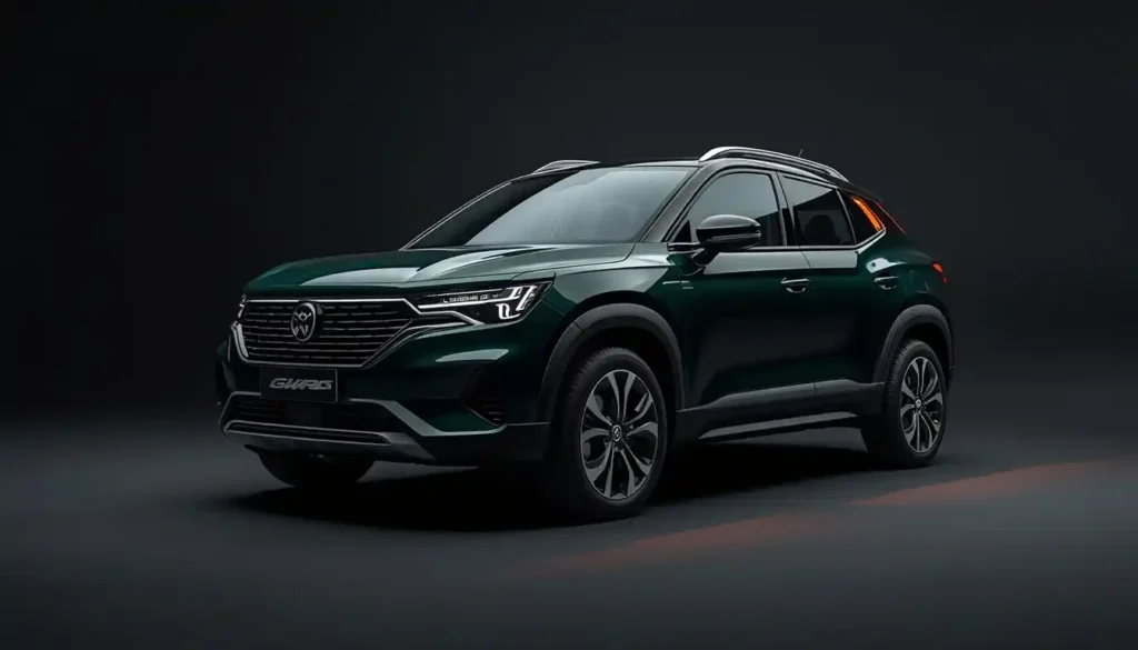 Studio hero shot of the 2026 GWM Ora Funky Cat electric hatchback in green under dramatic lighting.