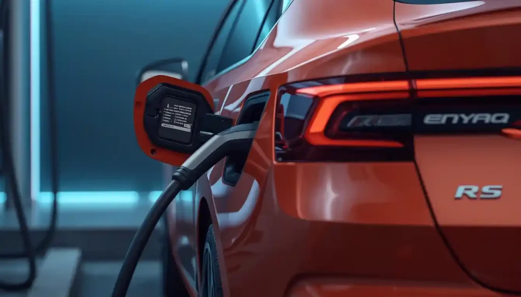 Orange Skoda Enyaq Coupé RS charging at a DC fast charger, showing how Skoda electric cars refuel.