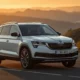 Skoda electric cars lineup shown with a white Enyaq SUV on a mountain road at golden hour.