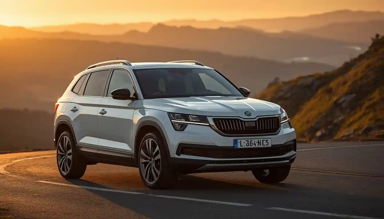 Skoda electric cars lineup shown with a white Enyaq SUV on a mountain road at golden hour.