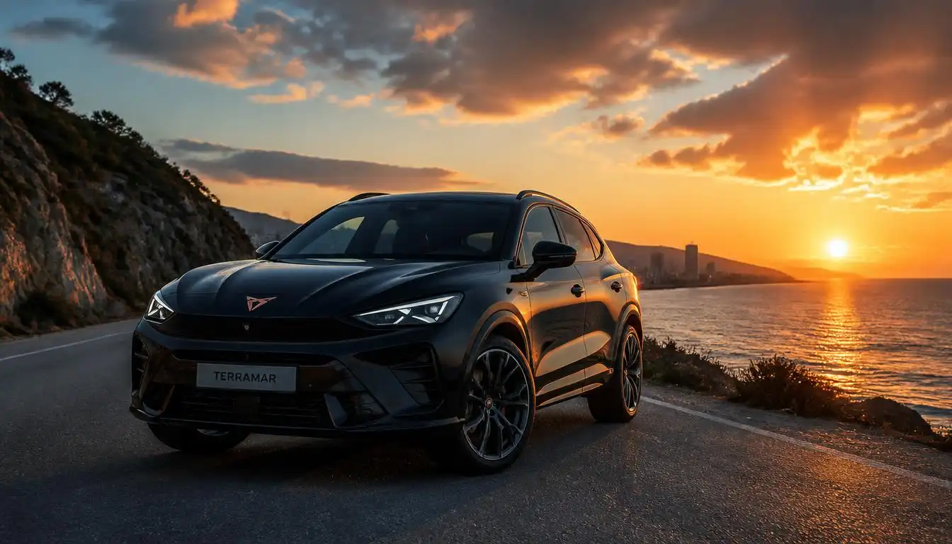 A black CUPRA Terramar 2026 parked on a cliff edge with the sun setting behind it.