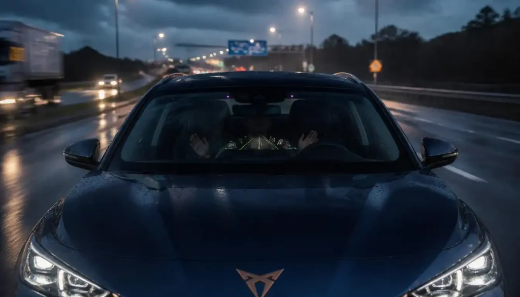 The CUPRA Terramar driving itself through rain on the motorway, hands off the wheel.